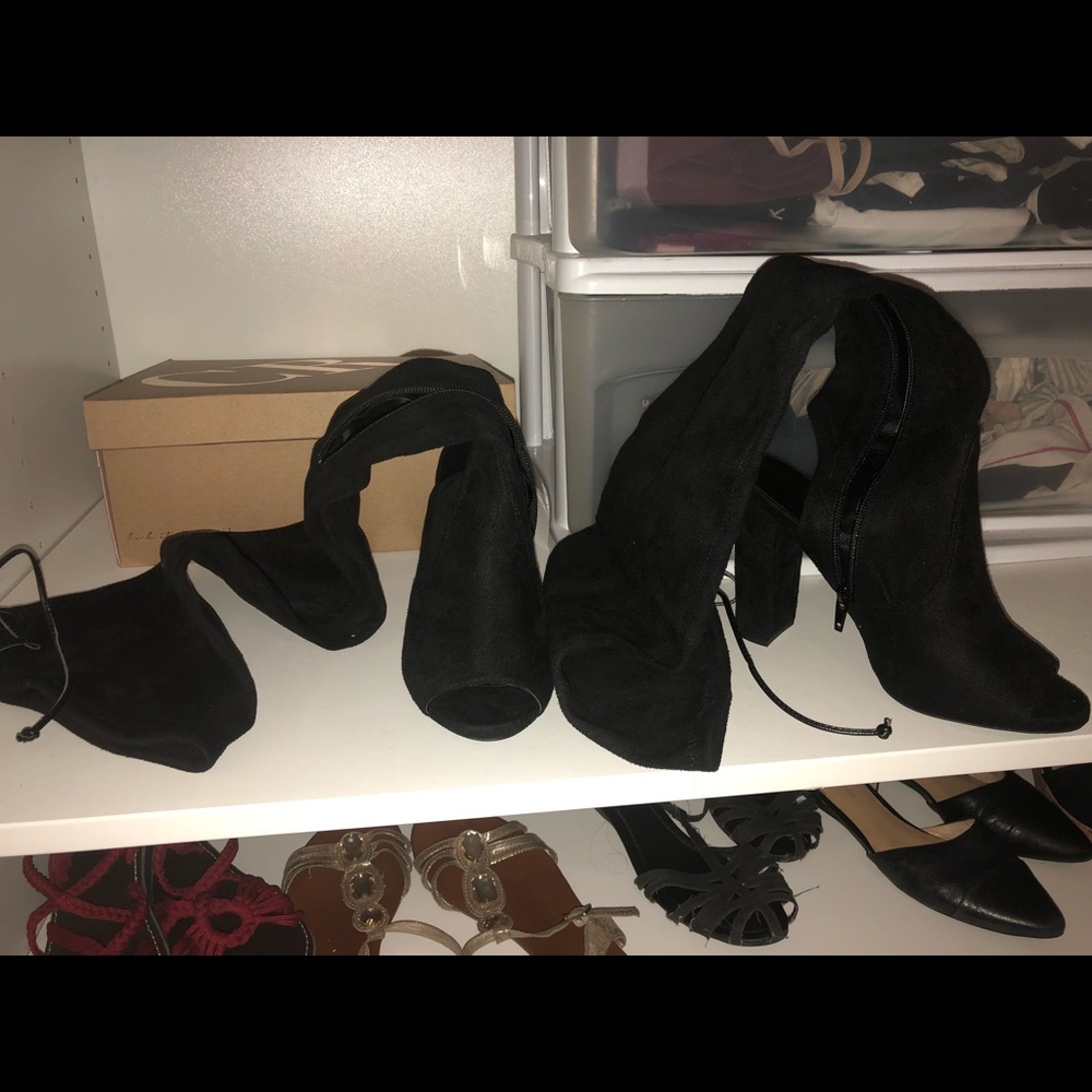 Black Thigh High Suede Boots, Open Toe Size 7